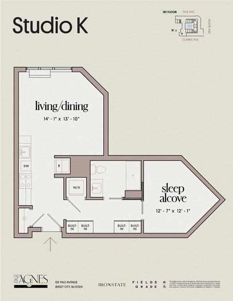Floor plan for studio, 1 bath, 643 sqft